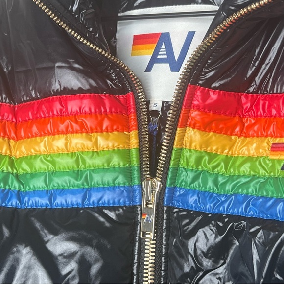 Aviator Nation 6 Stripe Lux Apres Puffer Jacket, Glossy Black, size S NWT - Picture 2 of 6